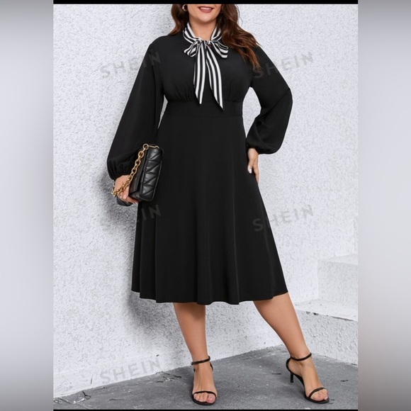 SHEIN Clasi Plus Striped Panel Tie Neck Lantern Sleeve Dress size 1X worn once - Picture 1 of 7